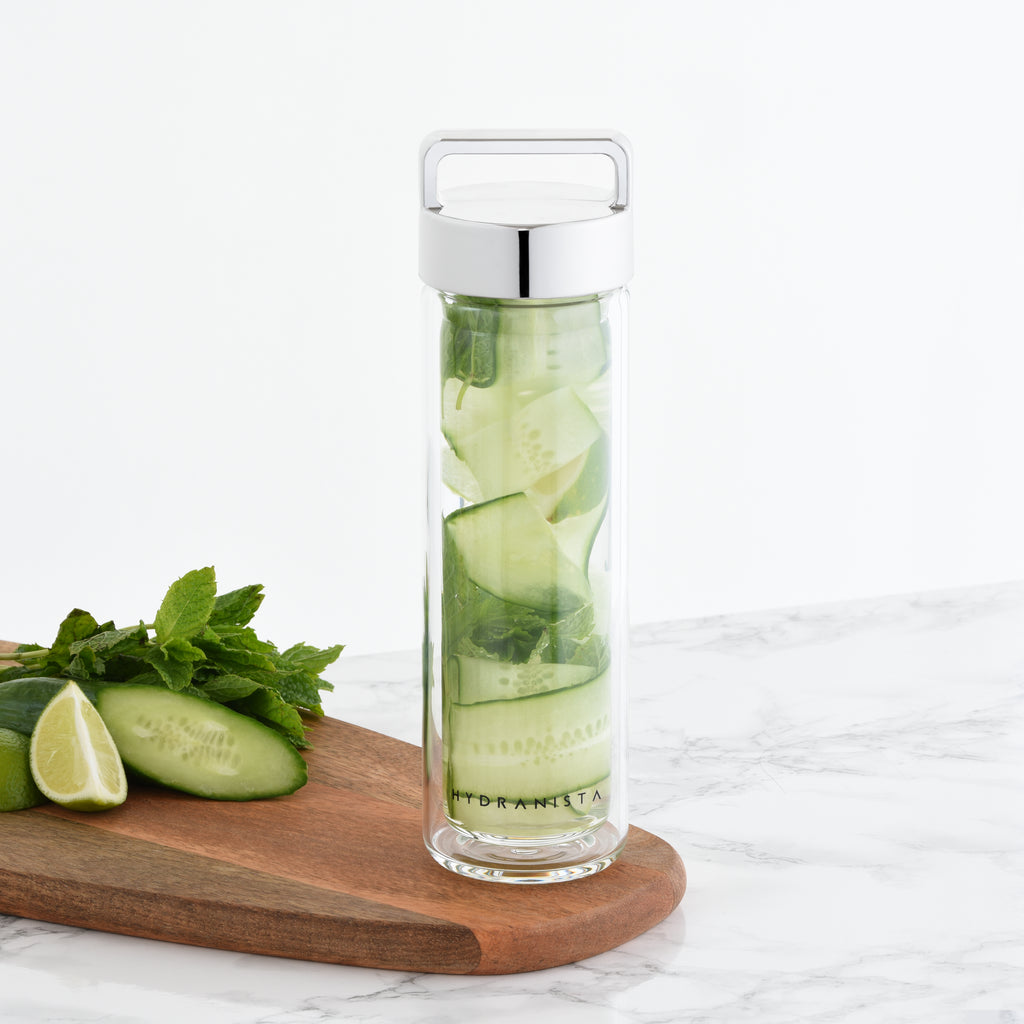 Water bottle glass silver lid Hydranista borosilicate stylish elegant tea strainer infused water sleev