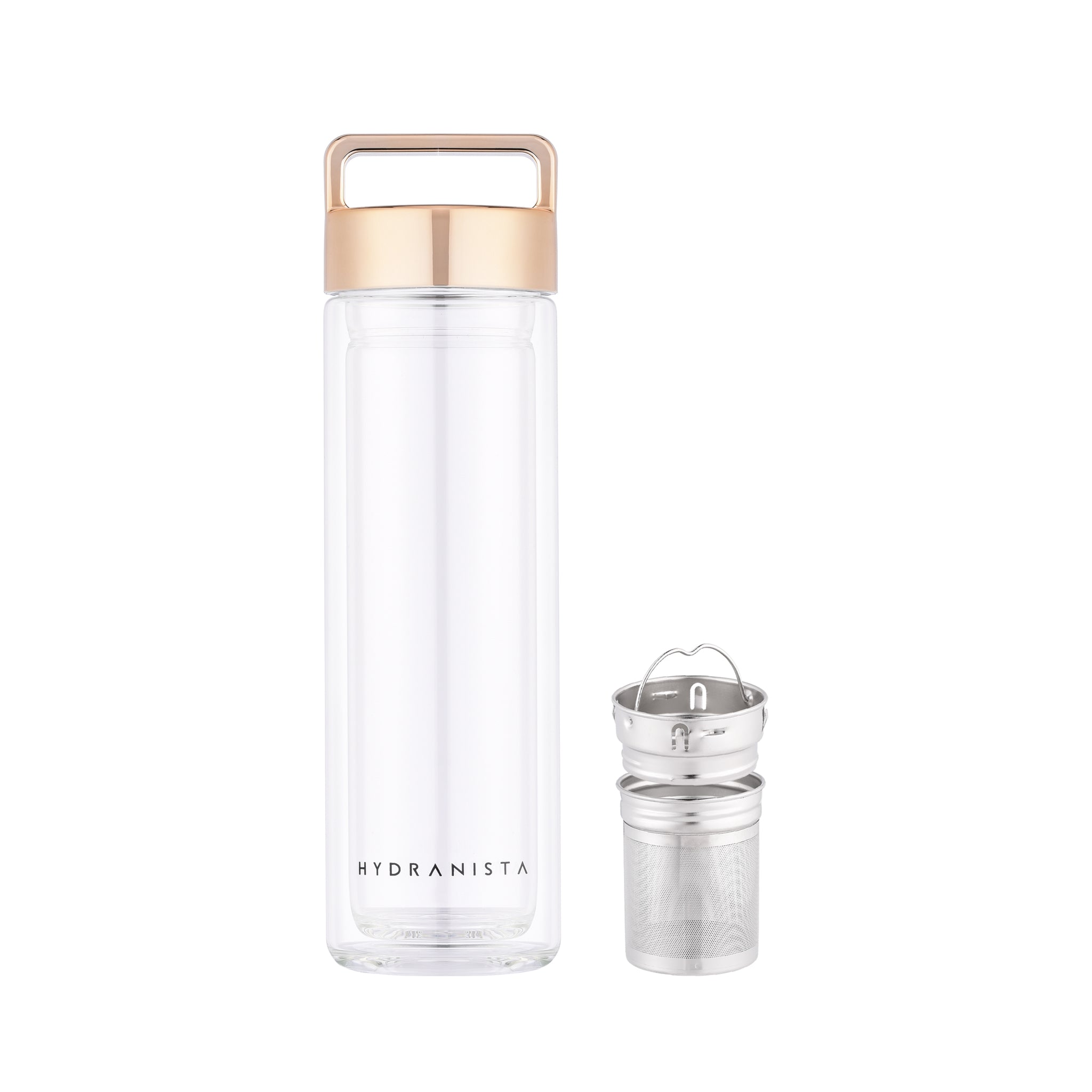 Water bottle glass gold lid Hydranista borosilicate stylish elegant tea strainer infused water sleeve