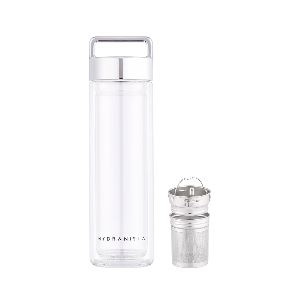 Water bottle glass silver lid Hydranista borosilicate stylish elegant tea strainer infused water sleeve